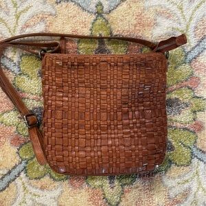 Brown Woven Leather Crossbody Bag with Basket-Weave Design
